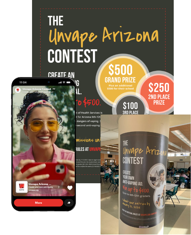 Unvape campaign assets, including a poster, flyer, and mobile video. 